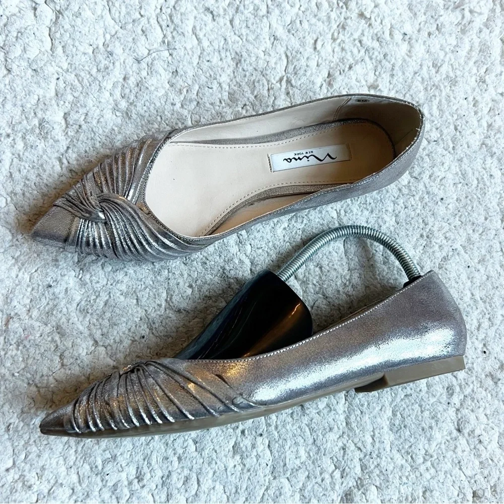 Nina: Festive Metallic Silver Pleated Pointed Toe Slip On Dressy Flats Size 8M